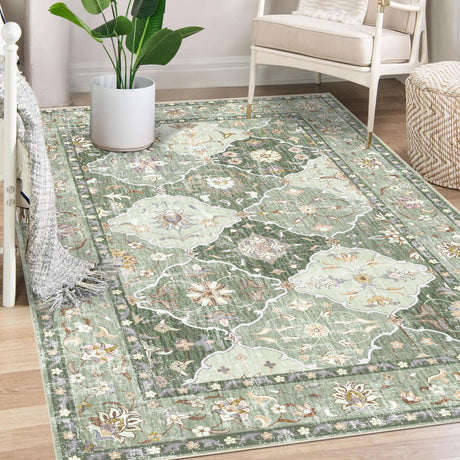 Boho Vintage Area Rugs 5×7 Washable Non-Slip Traditional Green Carpet for Living Room Bedroom Dining Room Farmhouse