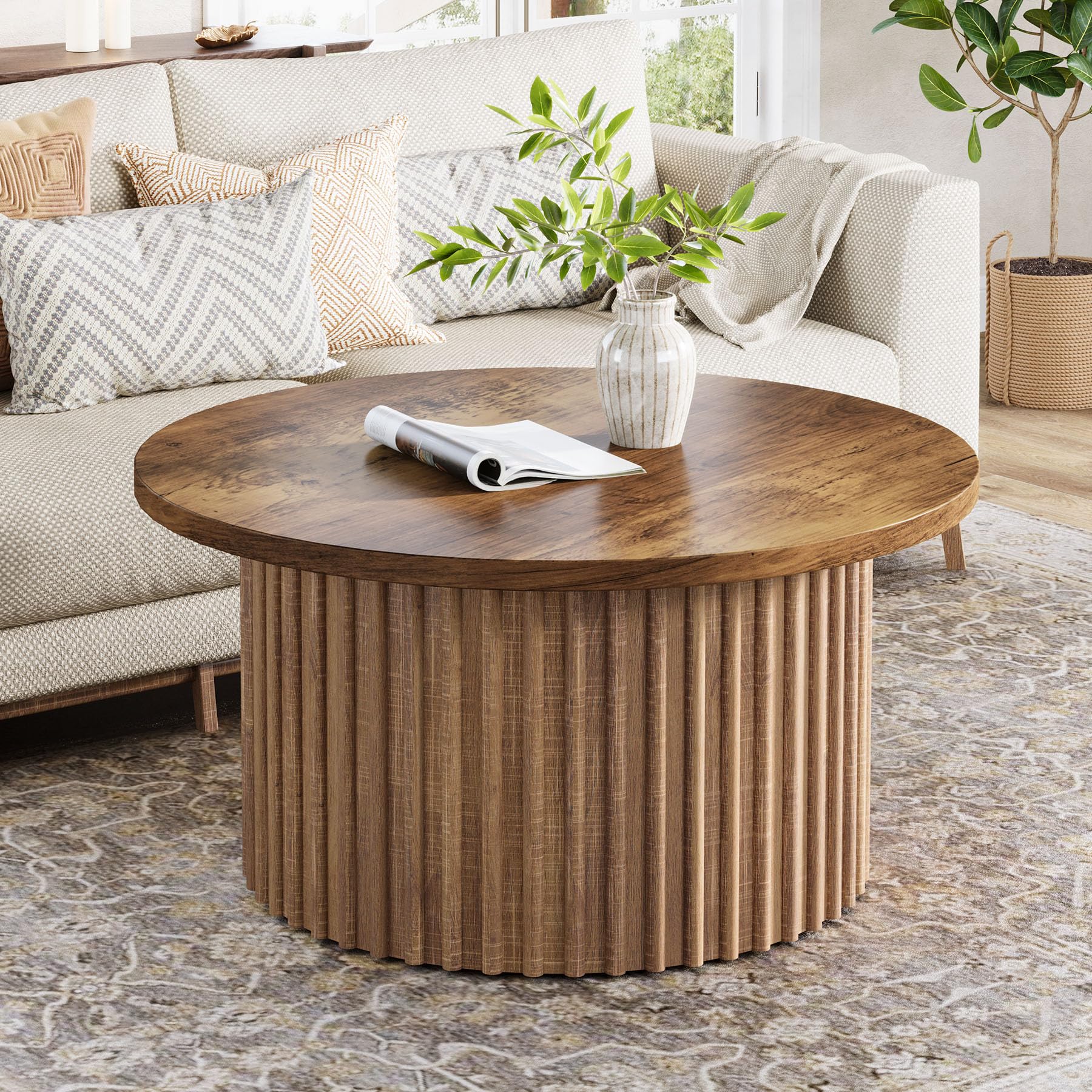 31.5" Round Coffee Table, Farmhouse Circle Coffee Table with Metal Base