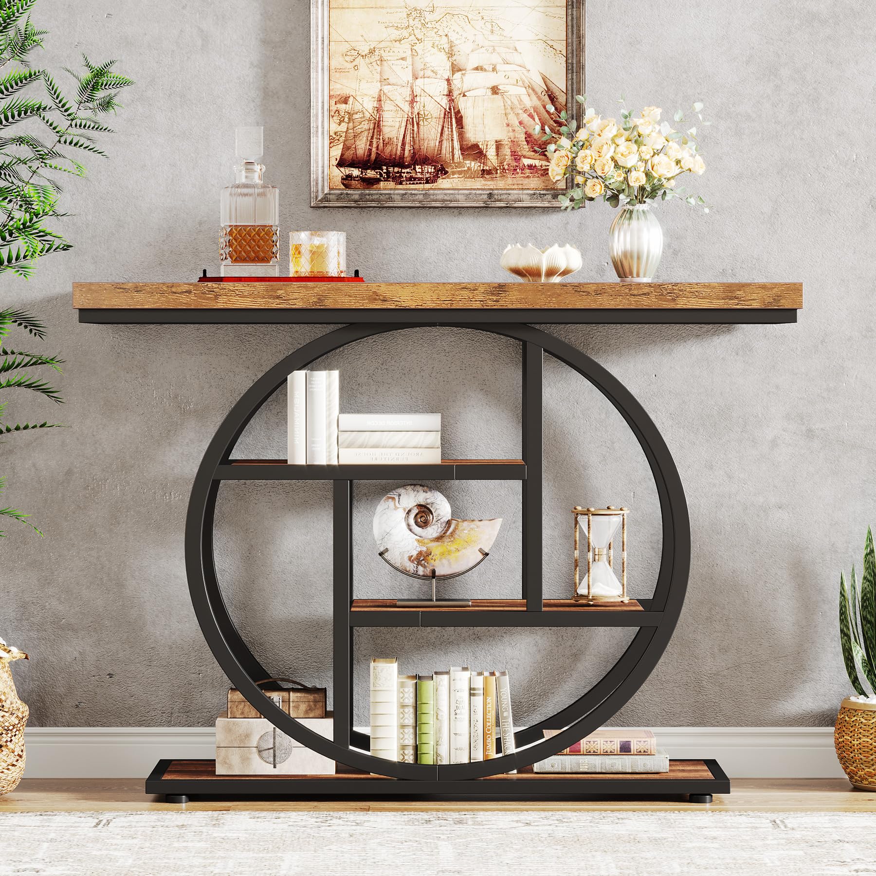 41.3" Console Table, Industrial 4-Tier Sofa Table Entryway Table with Circle Base
