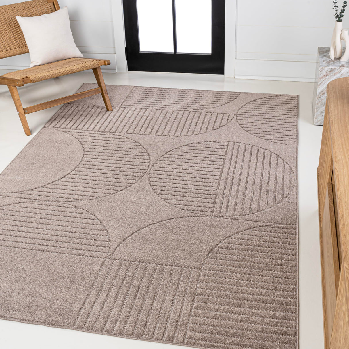 SCN104D-8 Nordby High-Low Geometric Arch Scandi Striped Taupe/Beige 8 ft. x 10 ft
