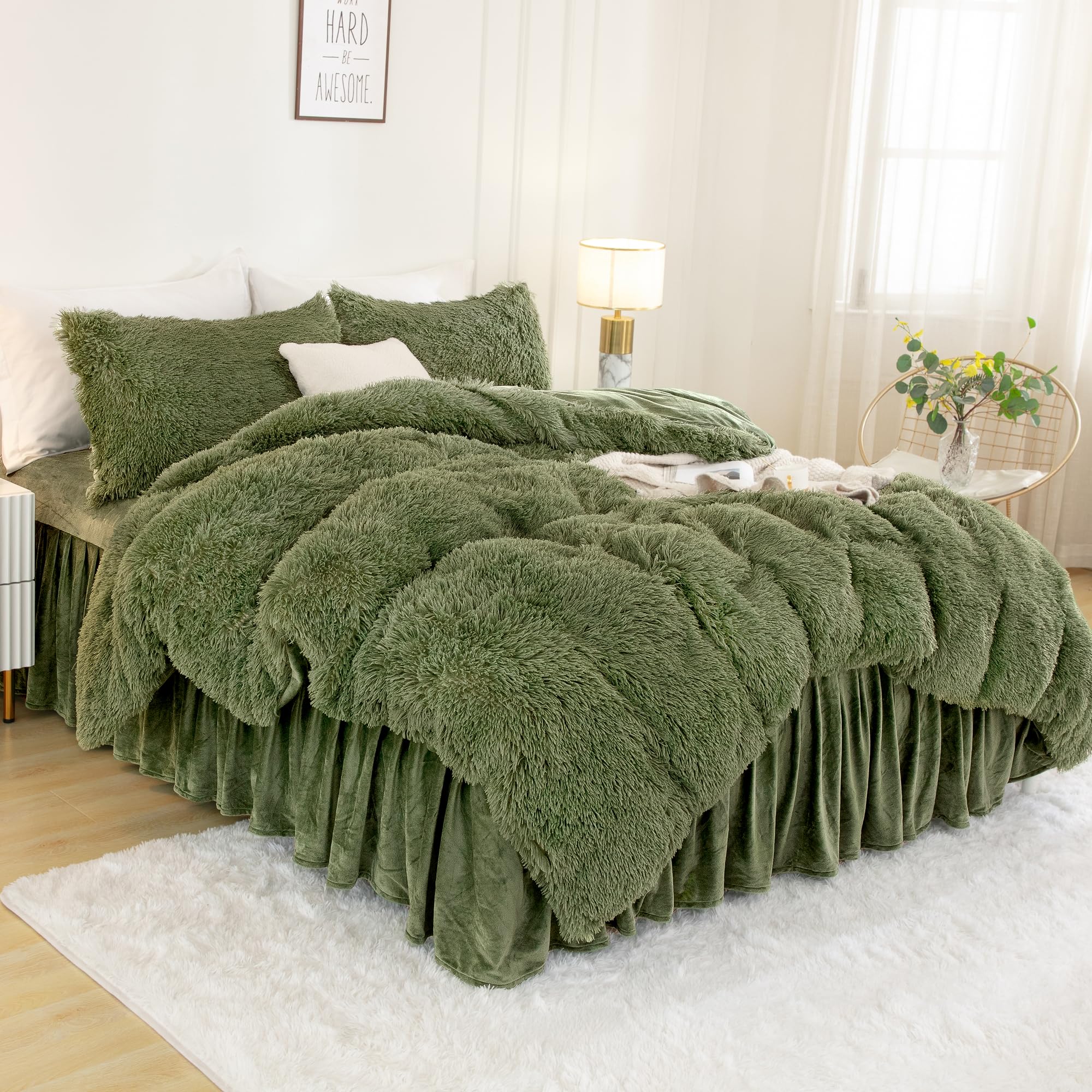Faux Fur Sage Green Comforter Set King Size