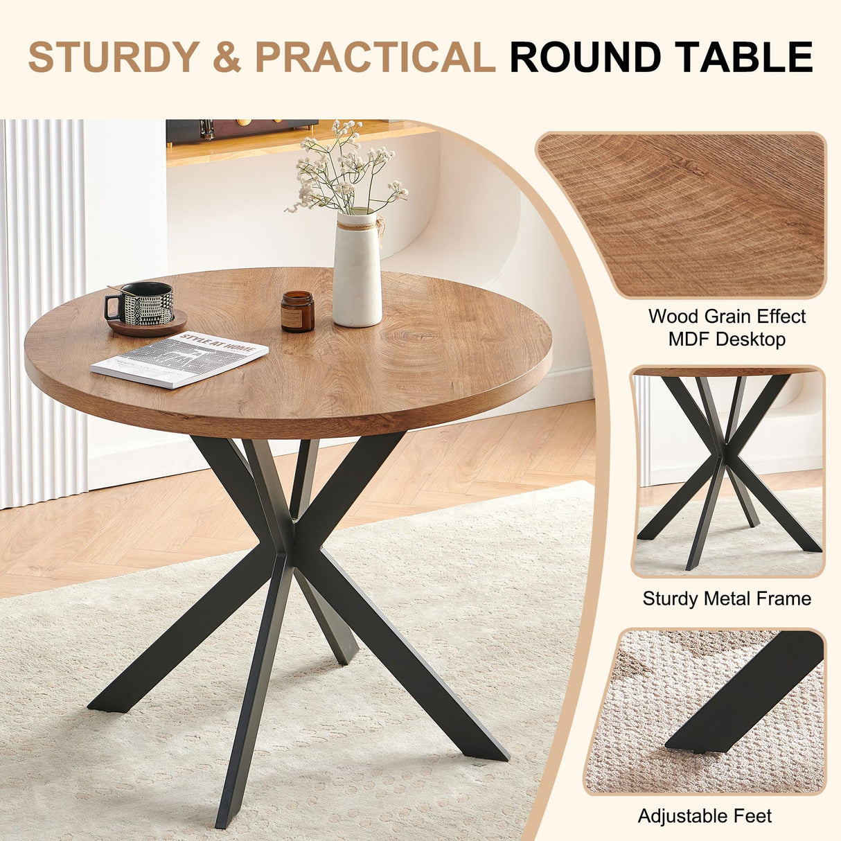 5 Pieces 37-Inch Round Dining Table and Upholstered Chairs for Four Persons, MDF