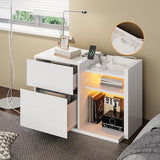 White Night Stand with Shelves, Charging Station & LED, 2 Drawer Wooden Bedside Table