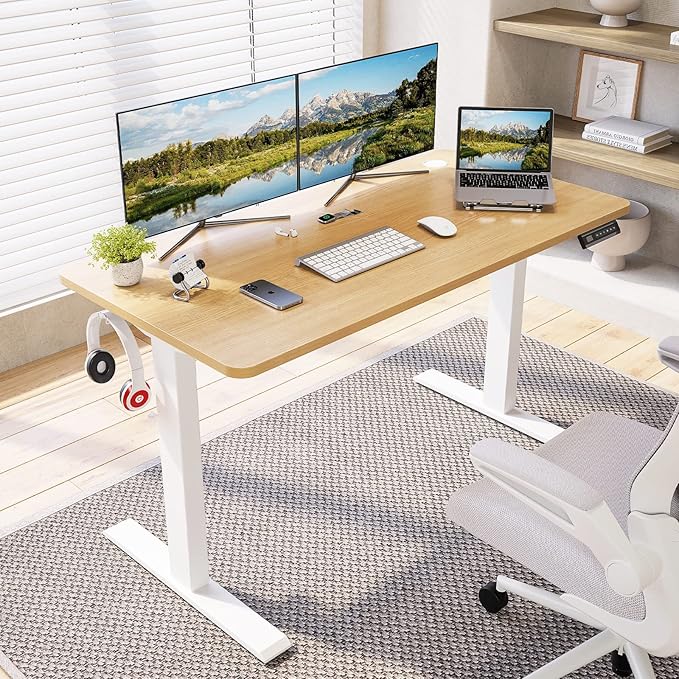 Height Adjustable Electric Standing Desk with Whole Board, Modern, White