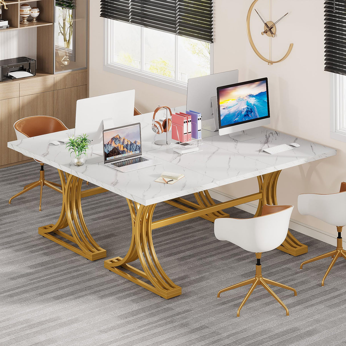 63" Large Office Desk, Modern Rectangle Executive Desks with Stylish Gold Legs,