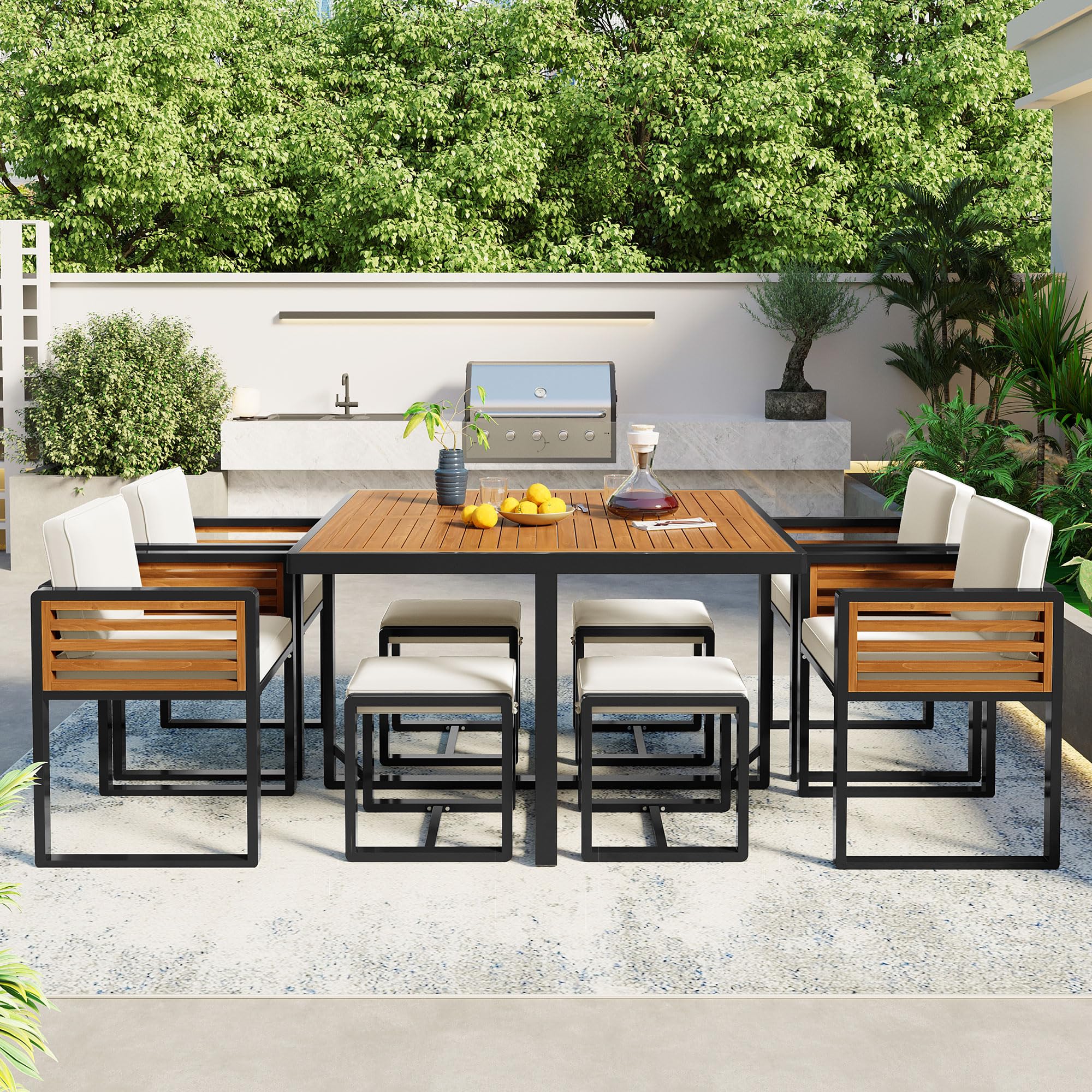 9 Pieces Outdoor Dining Set for 8 People, Acacia Wood Patio Furniture Sets