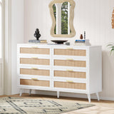 8 Drawer Double Dresser for Bedroom, Rattan Chest of Dressers, Modern Wooden