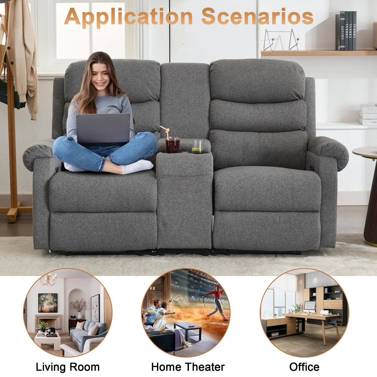 Manual Loveseat Recliner Sofa, Home Theater Seating with Console