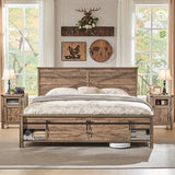 King Farmhouse Wood Bed Frame with Sliding Barn Door Storage Cabinets, Solid Wood