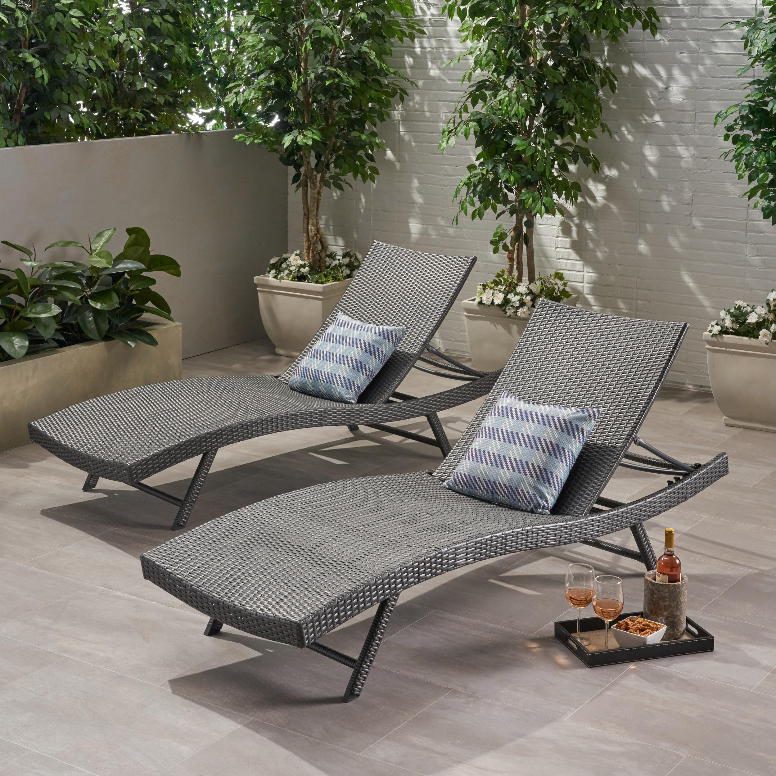PE Rattan Chaise Lounge Set of 2, Modern Outdoor Wicker Reclining Lounge Chair