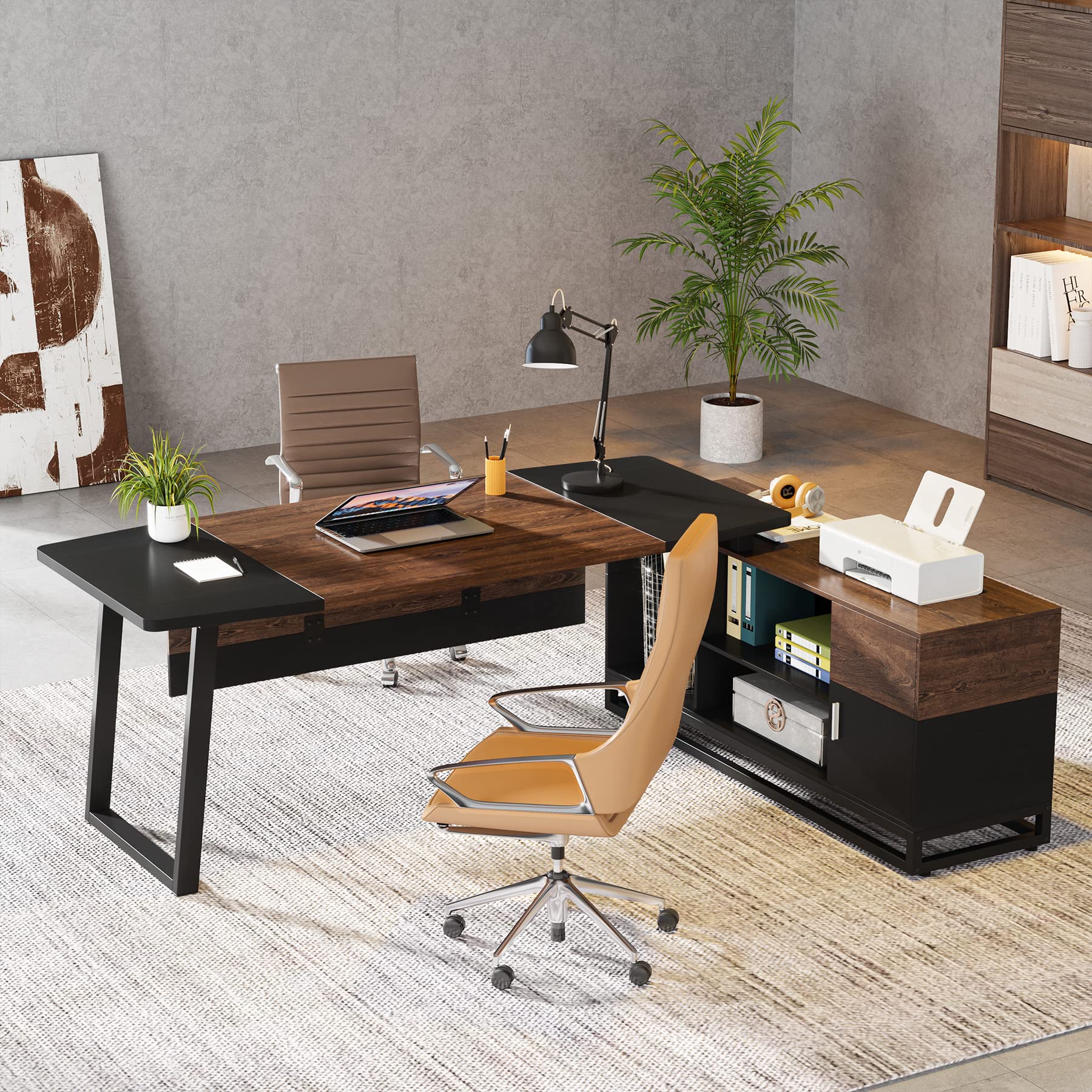 74.8” Executive Desk and 55” Lateral File Cabinet, Large L-Shaped Computer Desk