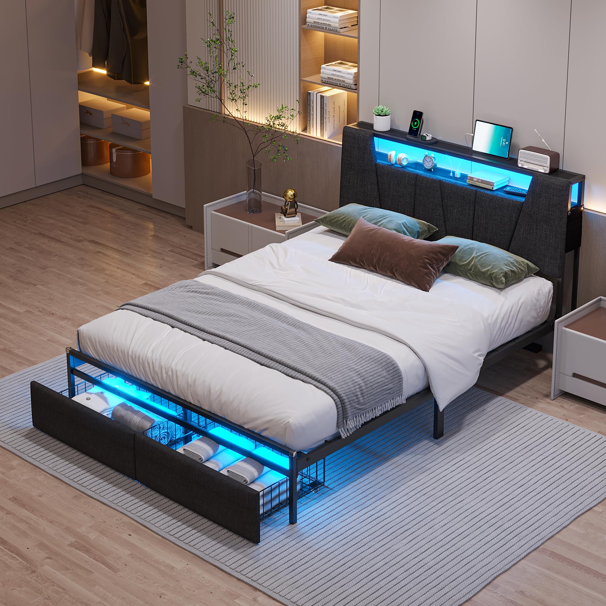 Queen Bed Frame with Storage Headboard, Build in Charging Station