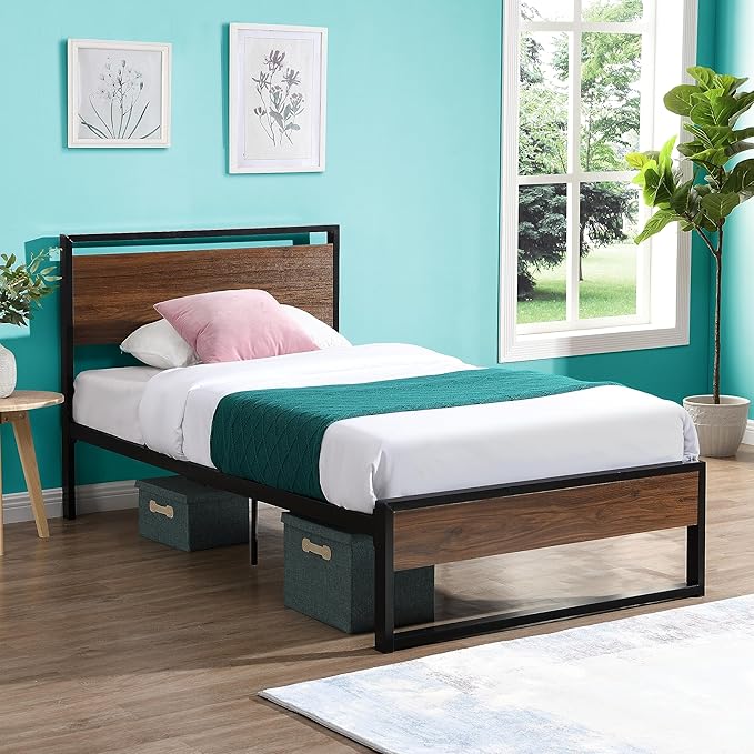 Bed Frame, Mattress Foundation Metal Platform with Wood Headboard