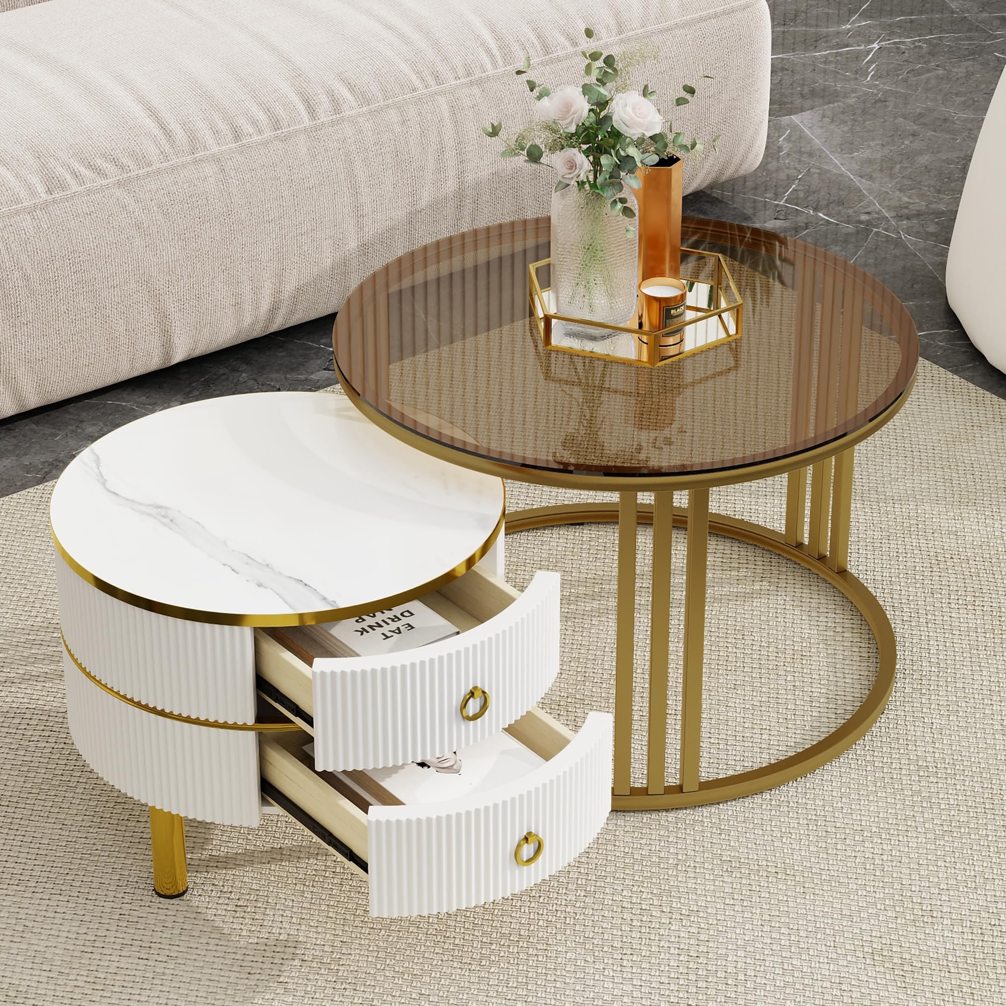 Stackable Coffee Table with 2 Drawers Modern Nesting Tables