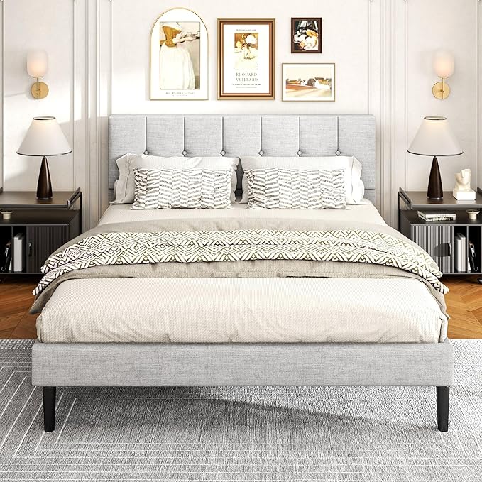 Full Size Bed Frame, Platform Beds with Upholstered Headboard