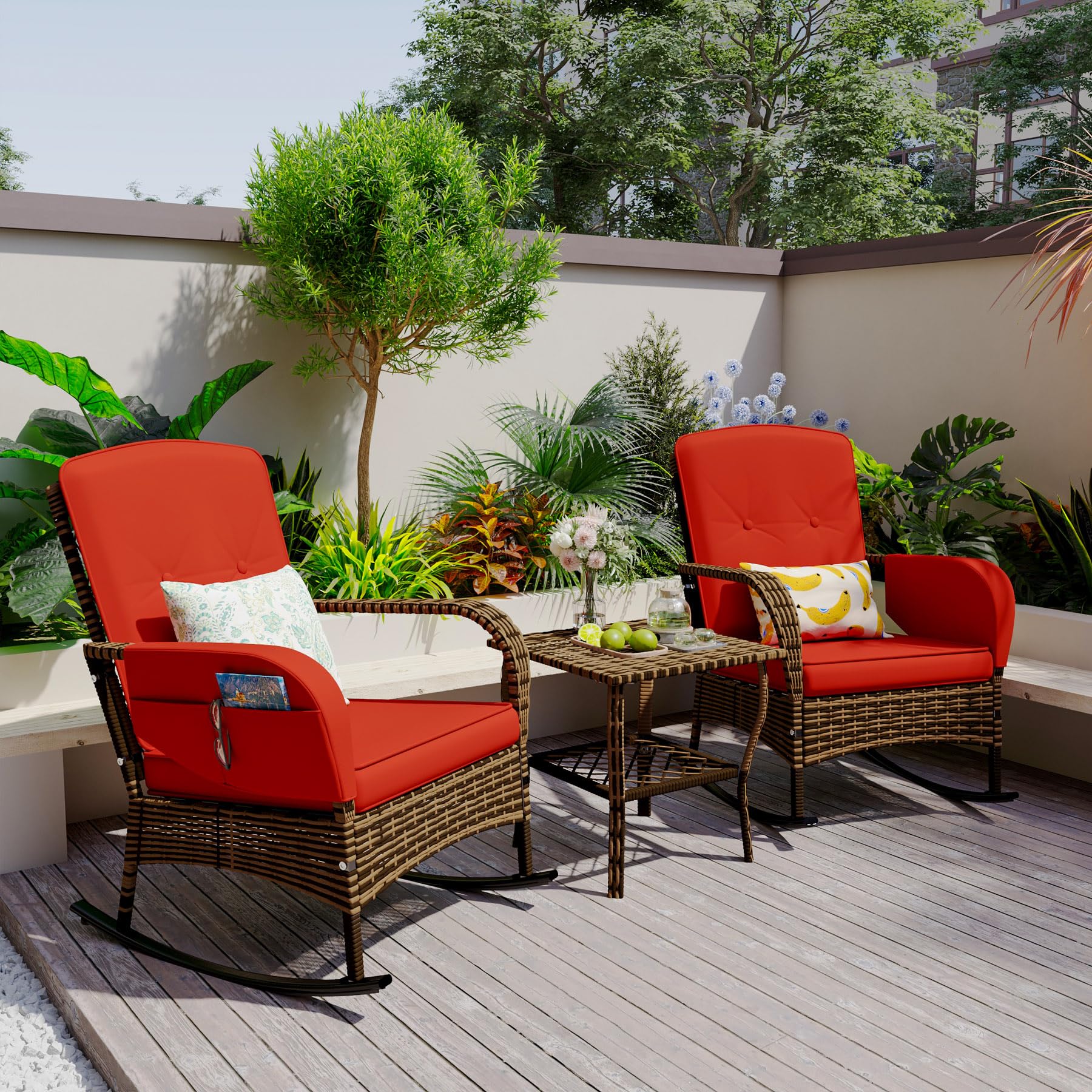 3-Piece Outdoor Wicker Rocking Chair Set with Cushions - Orange