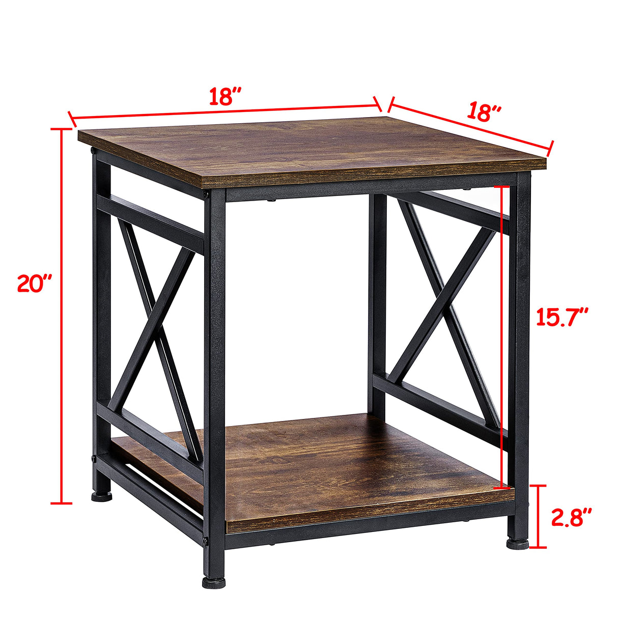 Industrial End Table Side Table with 2-Tier Storage Shelf, 18'' Square Nightstand