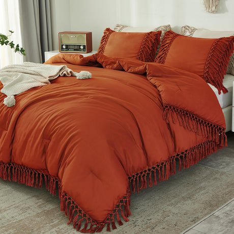 Queen Comforter Set Burnt Orange, 3 Pieces Boho Terracotta Lightweight Fall Bedding