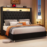 Bed Frame with LED Lights and Charging Station, Velvet Tall Upholstered Platform Bed