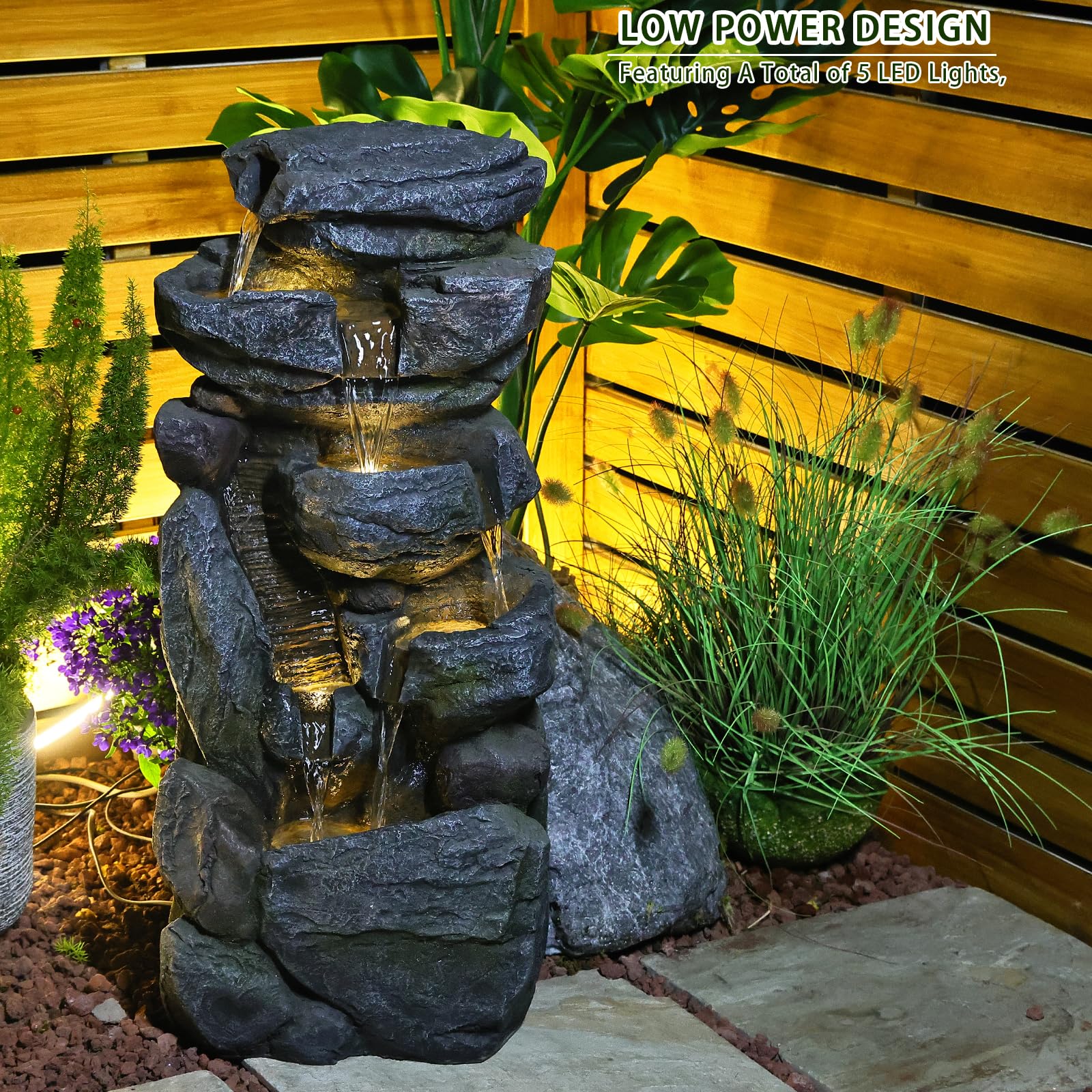 Water Features Outdoor Patio 6-Tier Cascading Rock Water Fountain 31.5''Water Fall