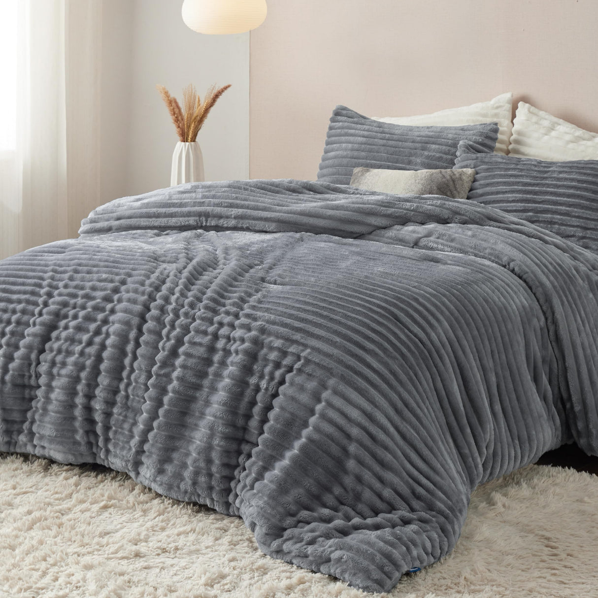 Fluffy Comforter Set King - Super Soft Faux Fur Comforter King Size Grey, Winter Warm