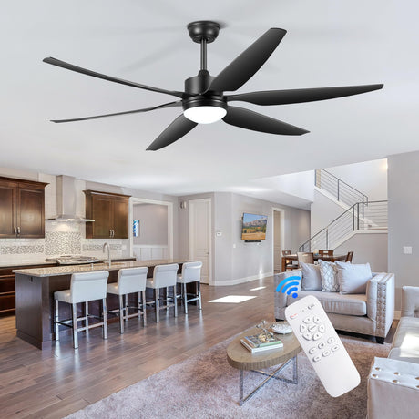 66'' Ceiling Fan with Lights Remote Control, Large Ceiling Fan Black, 6 Blades 6 Speeds