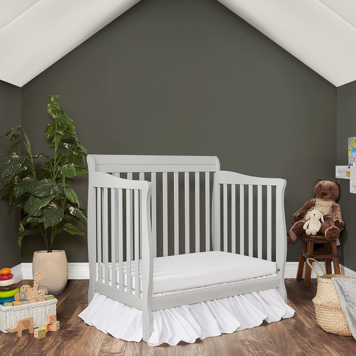 Aden 4-in-1 Convertible Mini Crib In Grey, Greenguard Gold Certified, Non-Toxic Finish, New Zealand Pinewood, With 3 Mattress Height Settings