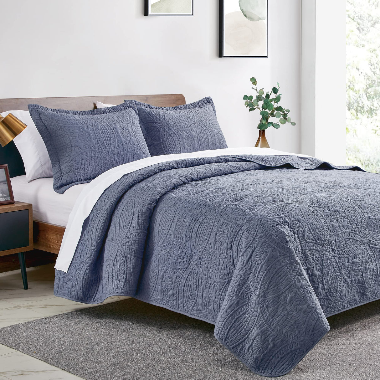 cabin King Size Quilt Set Blue Bedspreads - Soft Bed Summer Quilt Lightweight Microfiber