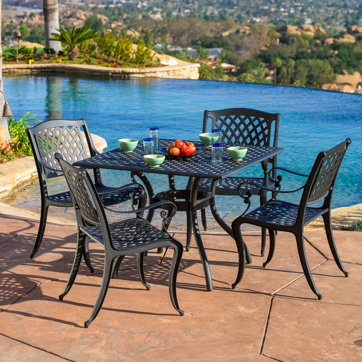 Hallandale Cast Aluminum Outdoor Dining Set, 5-Pcs Set, Black Sand