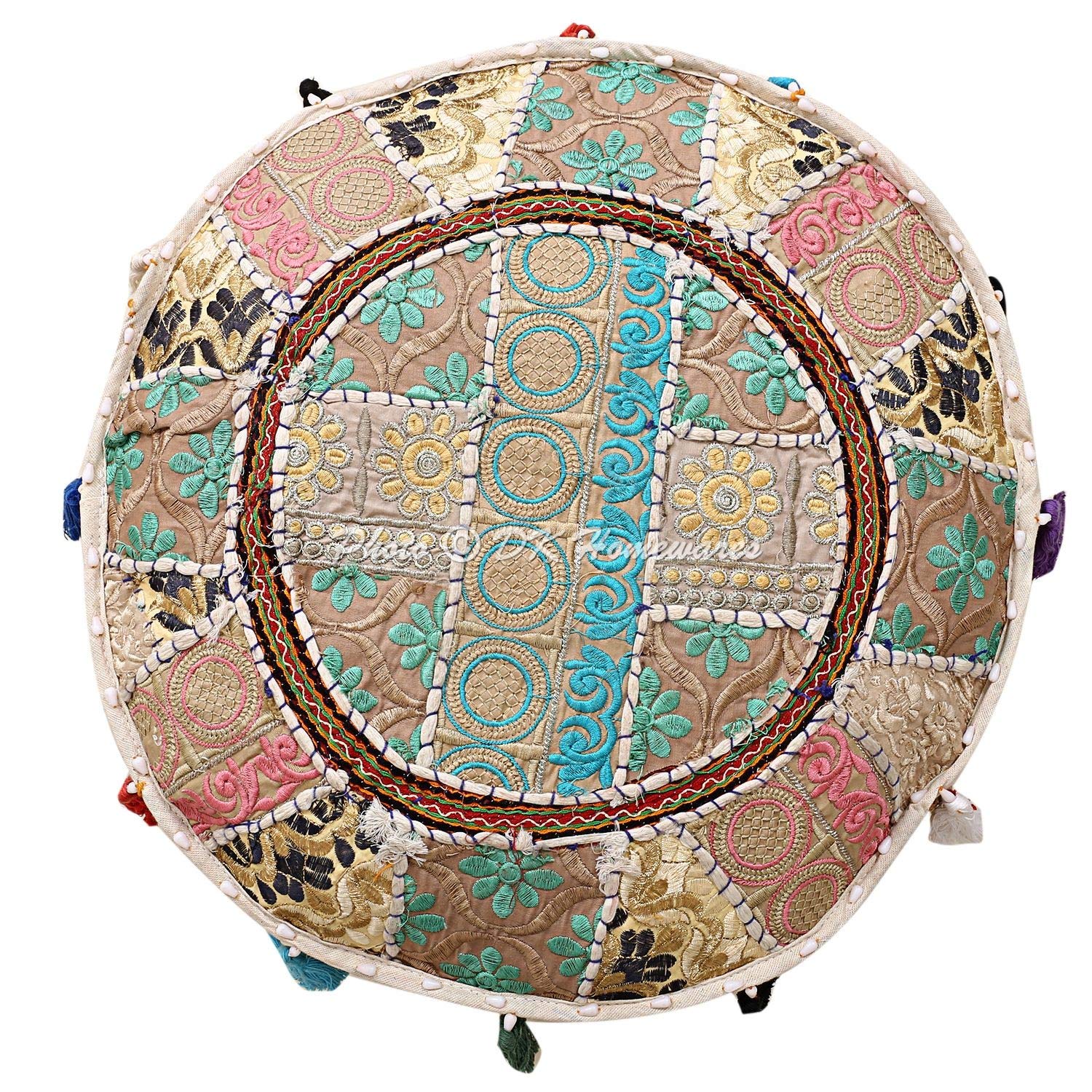 Indian Vintage Patchwork Pouffe Foot Rest White Round Foot Stool Decorative Tuffet