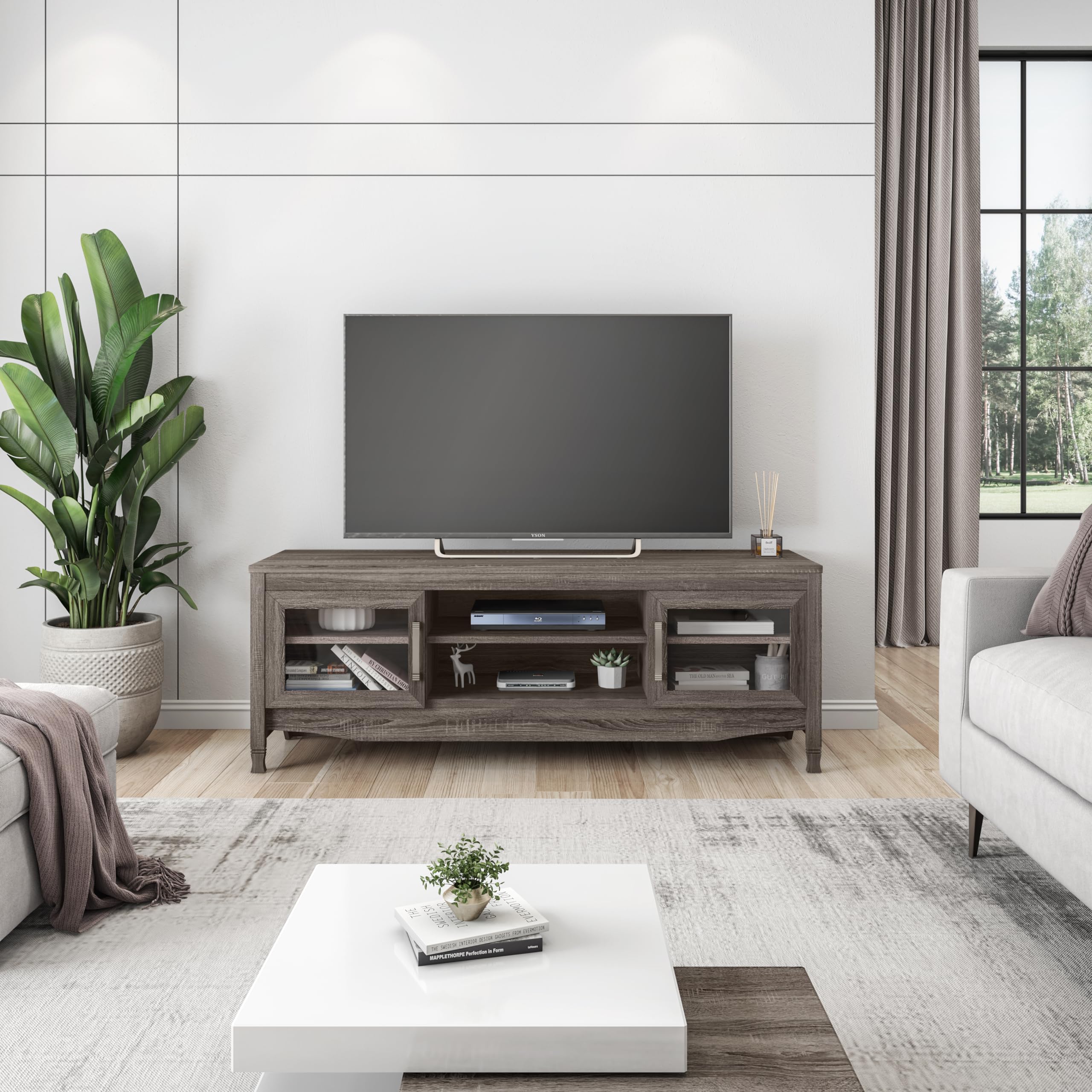 Storage & Glass Display Cabinets, Driftwood TV Stand for Living Room or Bedroom with Cable Management, Fits Screens up to 65 Inches When Measured Diagonally, Grey