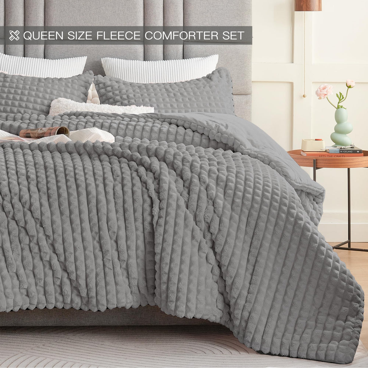 3-Piece Queen Fluffy Fleece Comforter Set with 2 Pillowcases