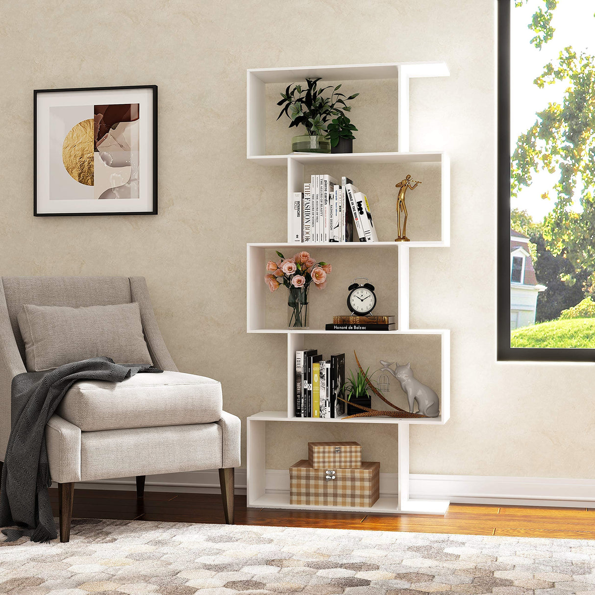 Bookshelf 5-Tier, Geometric Bookcase S Shaped Book Shelves for Bedroom