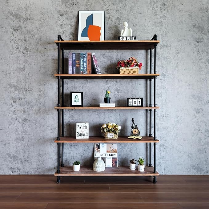 Industrial Bookshelves, Wood Pipe Bookshelf, 5 Shelf Rustic Display Storage Tall Standing