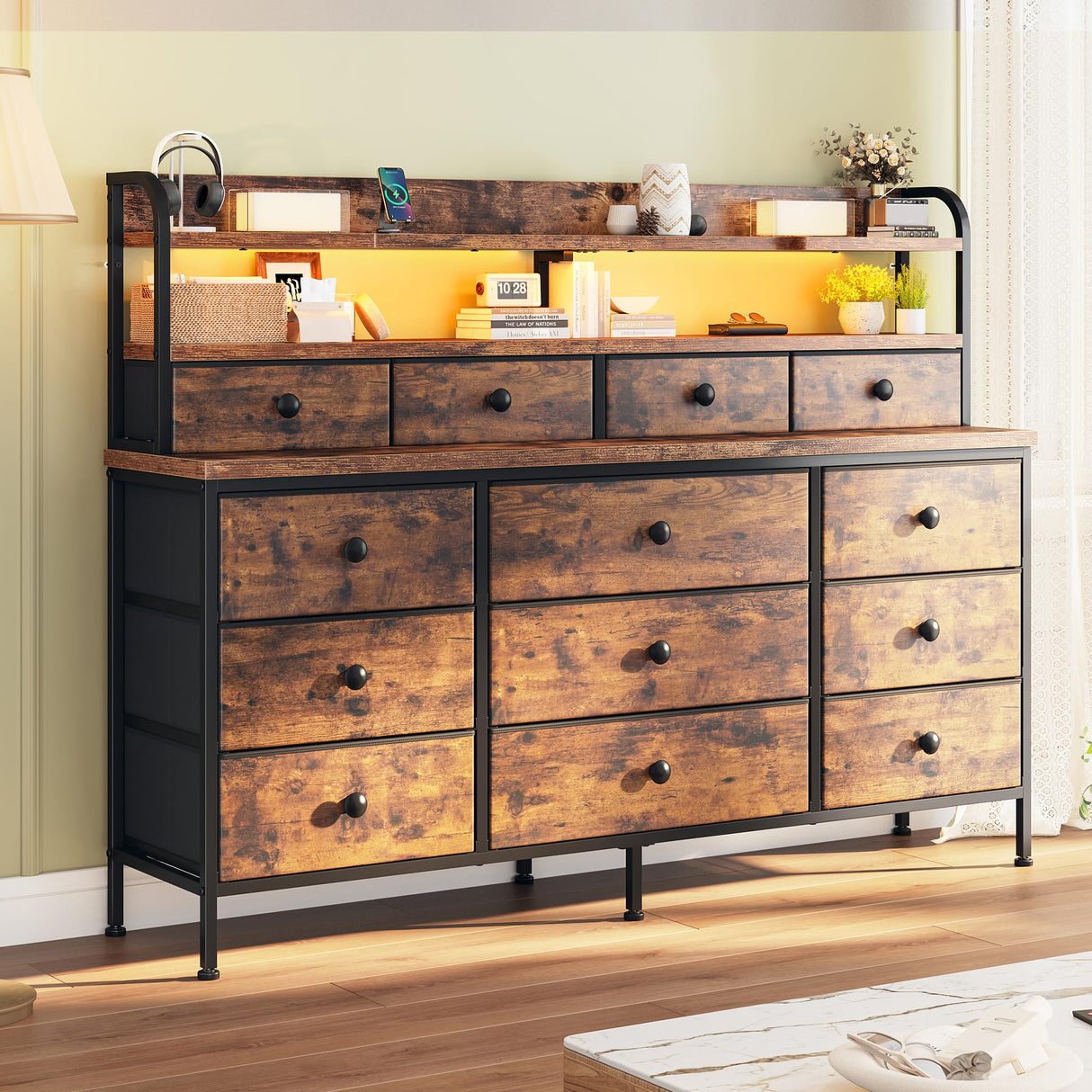 51.2" W Dresser for Bedroom with LED Lights, 13 Drawer Dresser for Bedroom