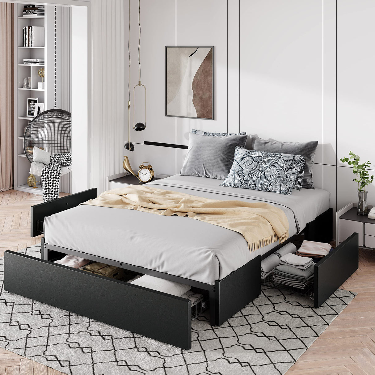 Queen Size Platform Bed Frame with 3 Storage Drawers, Faux Leather Upholstered