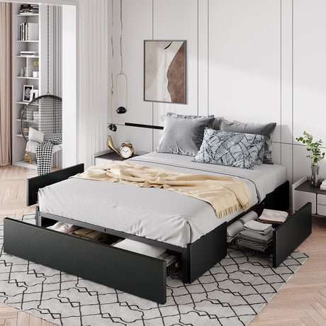 Queen Size Platform Bed Frame with 3 Storage Drawers, Faux Leather Upholstered