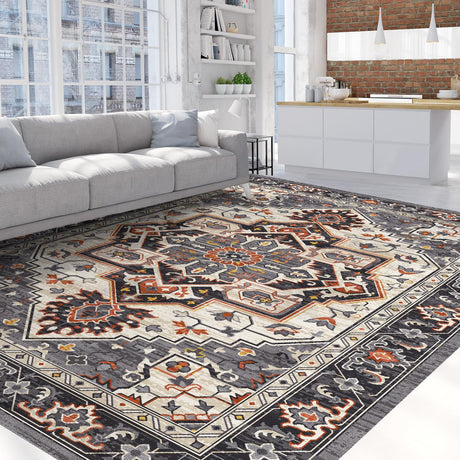 Ultra-Soft Washable Area Rug - 6x9 Non-Slip Vintage Low Pile Carpet Medallion Rugs