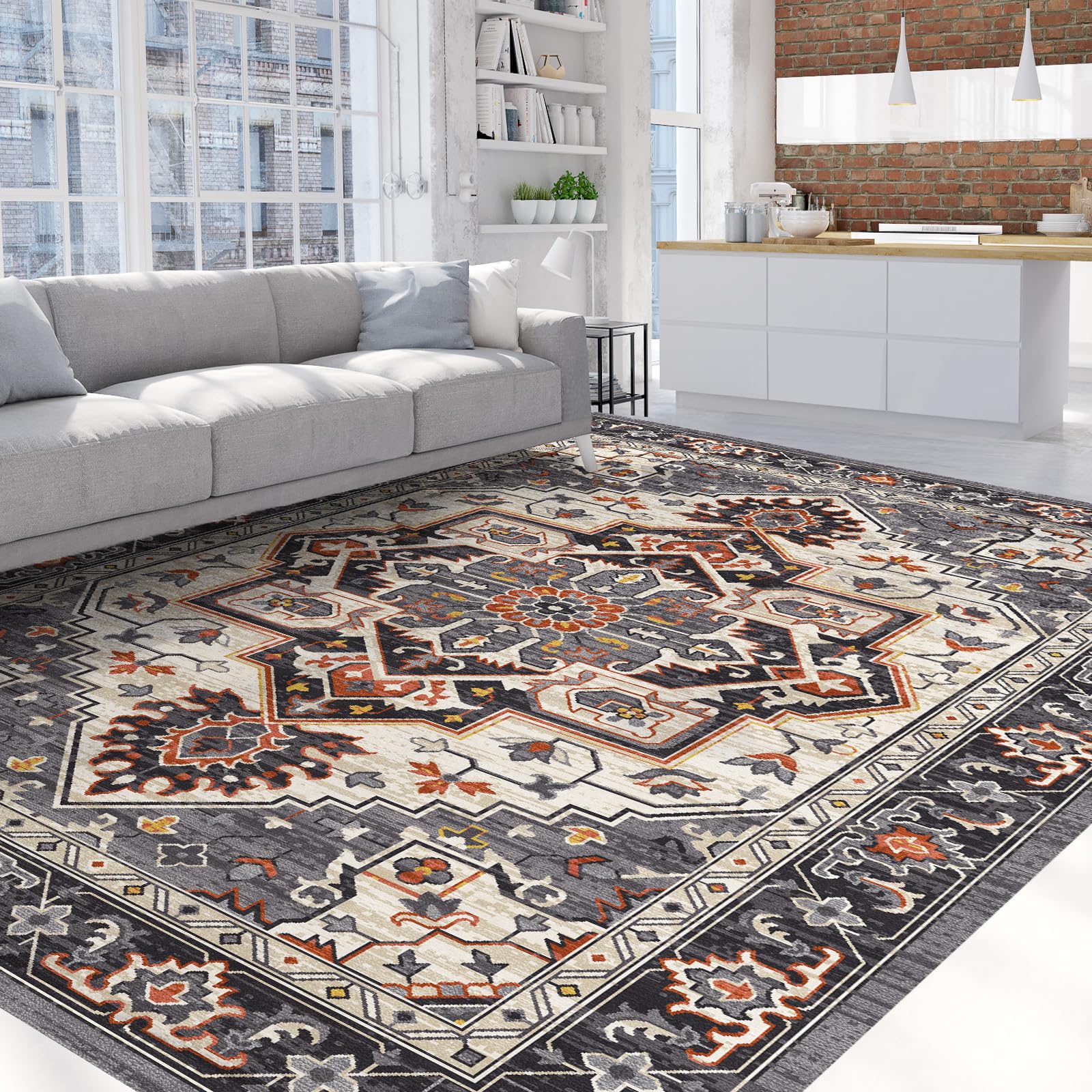 Ultra-Soft Washable Area Rug - 5x7 Non-Slip Vintage Low Pile Carpet Rugs for Living