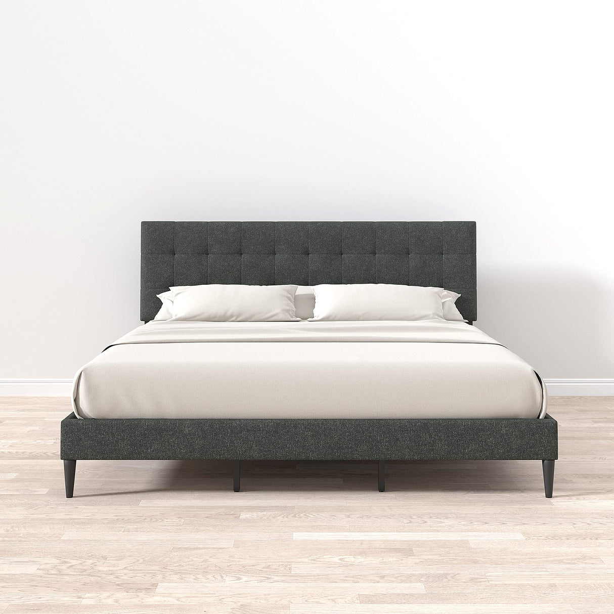 Kaya Upholstered Platform Bed Frame/Buttonless Tufting/Mattress Foundation/Wood Slat Support/No Box Spring Needed/Easy Assembly, Gray, King
