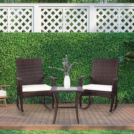 3 Piece Wicker Rocking Chair Patio Furniture Sets, Outdoor Wicker Bistro Rattan Chair