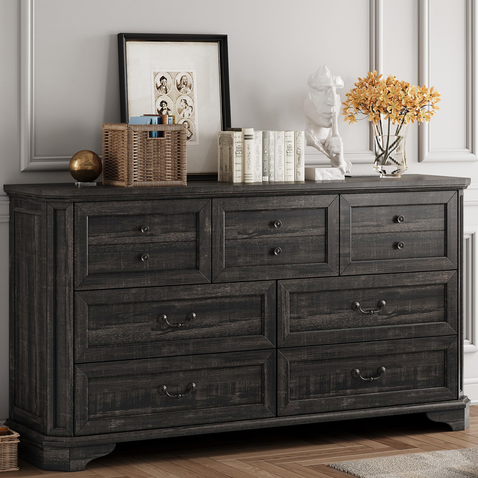 Farmhouse 7 Drawers Dresser for Bedroom, 59" Long Dresser