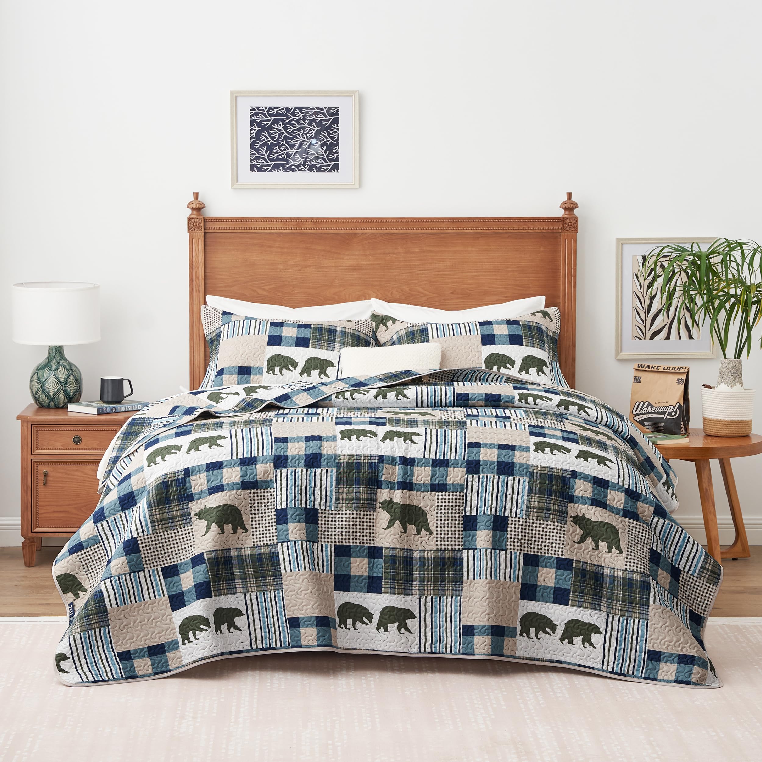 Christmas Cabin Quilt Sets Queen, 3-Piece Lightweight Reversible All Season Bear Quilt