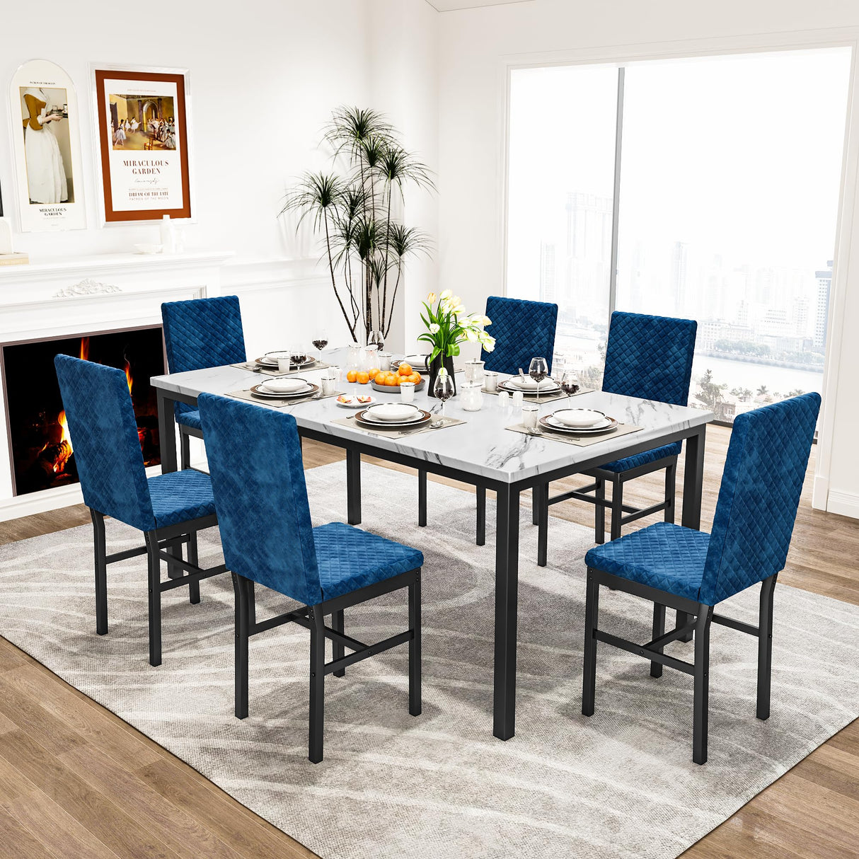 6-Piece Faux Marble Dining Table Set with Blue Velvet Chairs