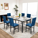 6-Piece Faux Marble Dining Table Set with Blue Velvet Chairs