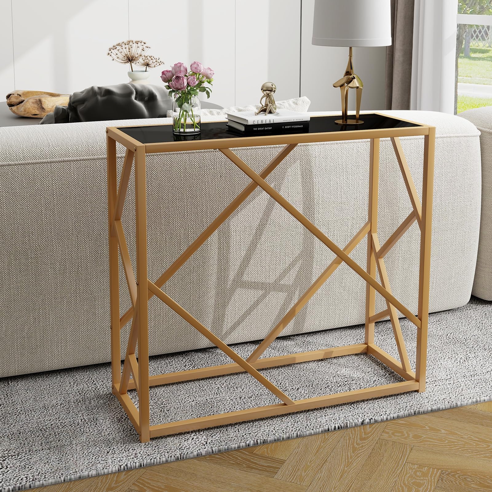 31.5" Gold Entryway Console Table - Narrow Sofa Side Table w/Metal Frame & Tempered