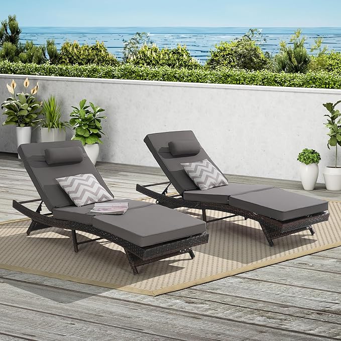 Outdoor Wicker Long Reclining Chair Set of 2 with Cushion