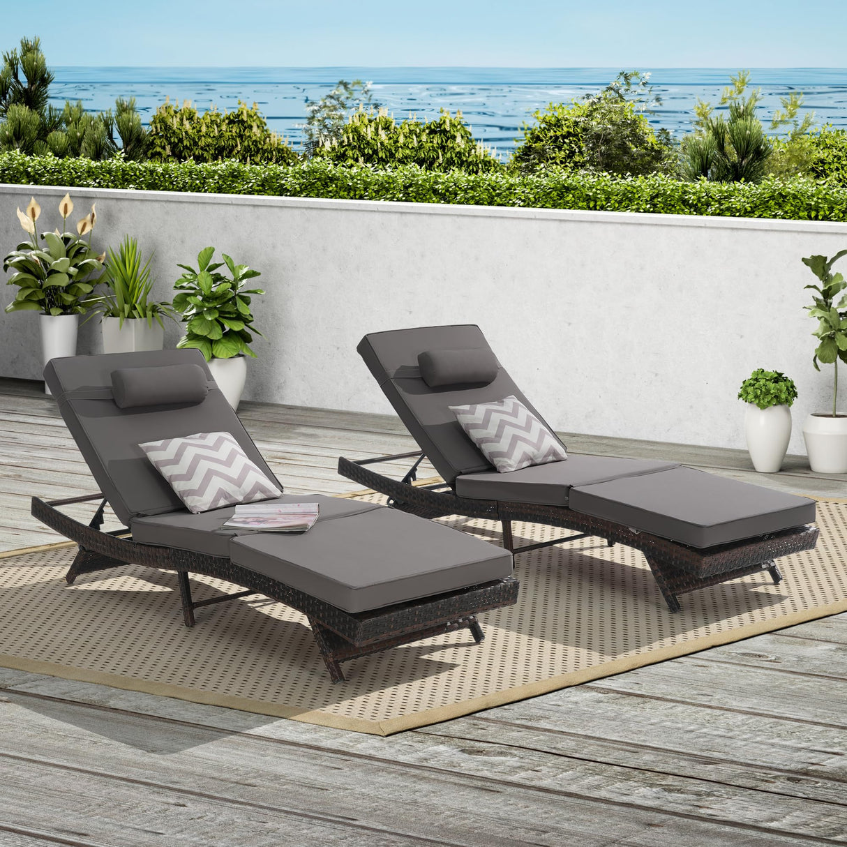 Outdoor Wicker Long Reclining Chair Set of 2 with Cushion