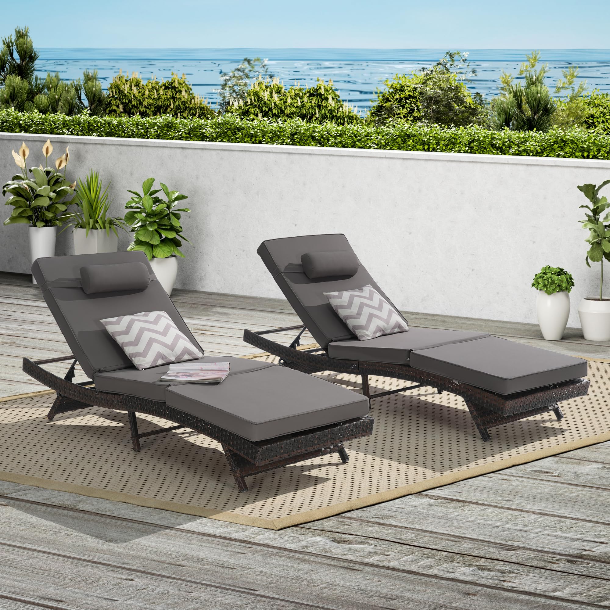 Outdoor Wicker Long Reclining Chair Set of 2 with Cushion
