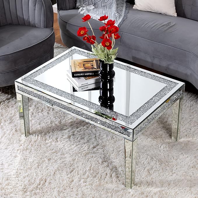 Silver Coffee Table with Crystals Inlay, 35 inches Modern Contemporary Accent Side or Coffee Table for